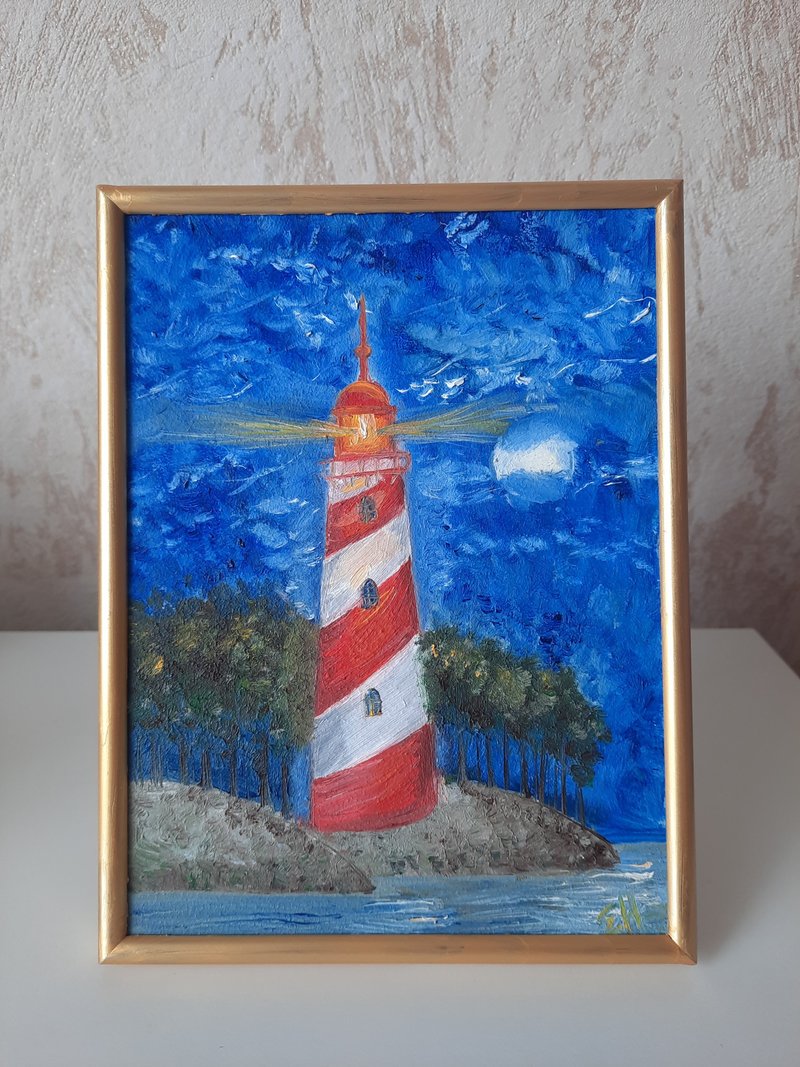 Lighthouse oil painting Seascape painting Original painting 燈塔繪畫 - โปสเตอร์ - ไม้ สีน้ำเงิน