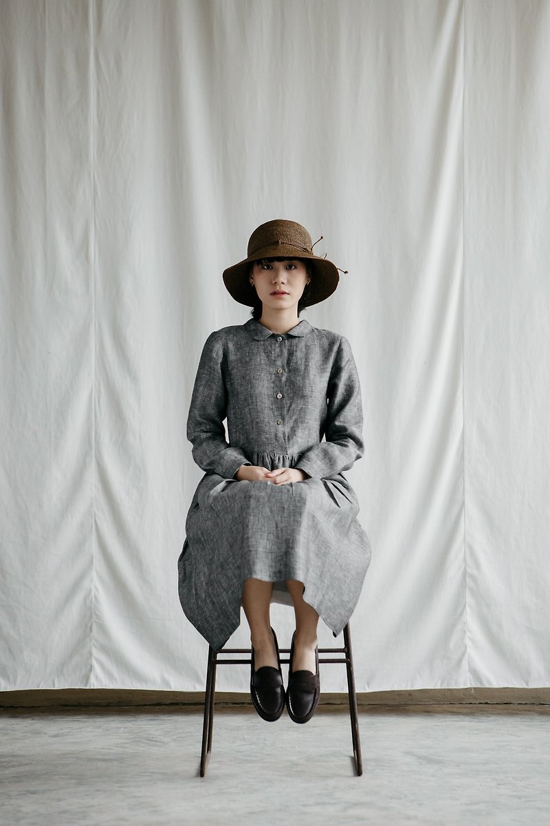 Grey Chambrayのメーカークラシックドレス - ワンピース - コットン・麻 グレー