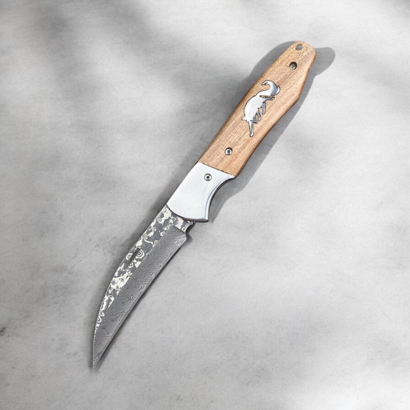 VULPES LAGOPUS Scandi Snow Fox Shadow Wooden Handle Damascus Steel Fruit Knife Camping Knife - Camping Gear & Picnic Sets - Other Materials Silver