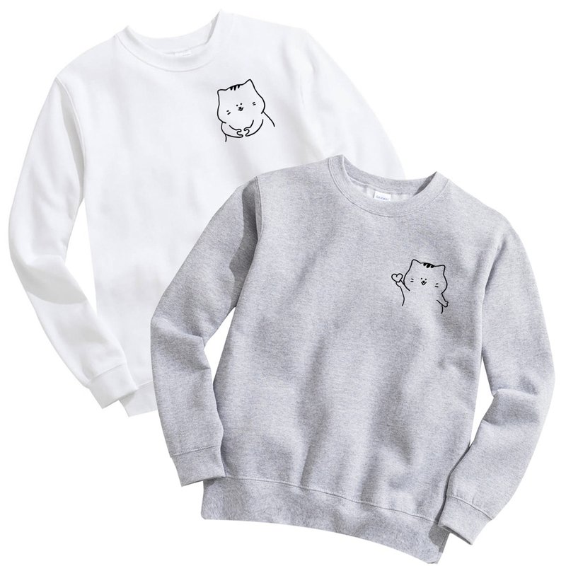 貓咪丟愛心 接愛心 情侶大學T 刷毛中性版3色 情侶裝情人節禮物 - 男 T 恤 - 棉．麻 白色