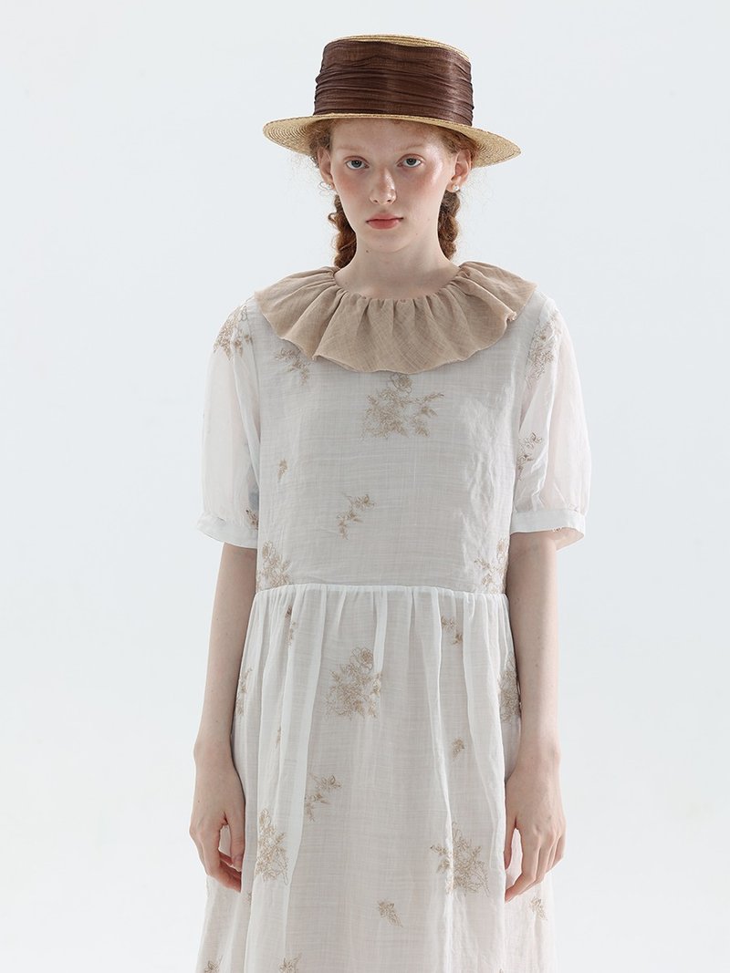 Double-layer ramie dress with large lotus leaf collar and classic embroidery - One Piece Dresses - Cotton & Hemp Blue