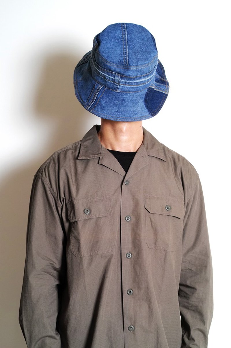 Back-to-school season RIVER-Handmade jeans transformed into denim canvas bucket hat - Hats & Caps - Cotton & Hemp Blue