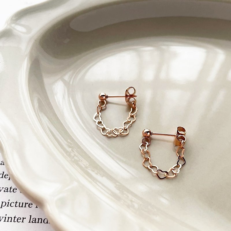 [New] Heart chain hoop earrings (pink gold) - ต่างหู - โรสโกลด์ สึชมพู