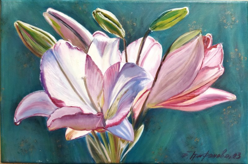 Original oil painting on canvas of Lilies, 40*60 cm - โปสเตอร์ - ผ้าฝ้าย/ผ้าลินิน 