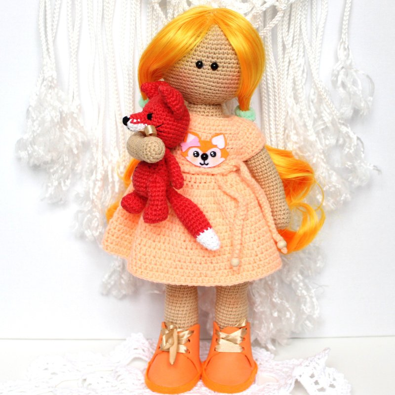 Crochet doll with little fox  Gift set for girl Personalized crochet doll - Stuffed Dolls & Figurines - Other Materials Orange