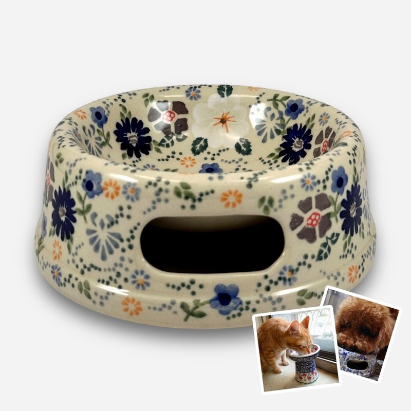波蘭手繪手工陶-寵物碗 圓形厚底碗 貓咪/中/小型犬適用 17cm - 寵物碗/碗架/自動餵食器 - 陶 多色