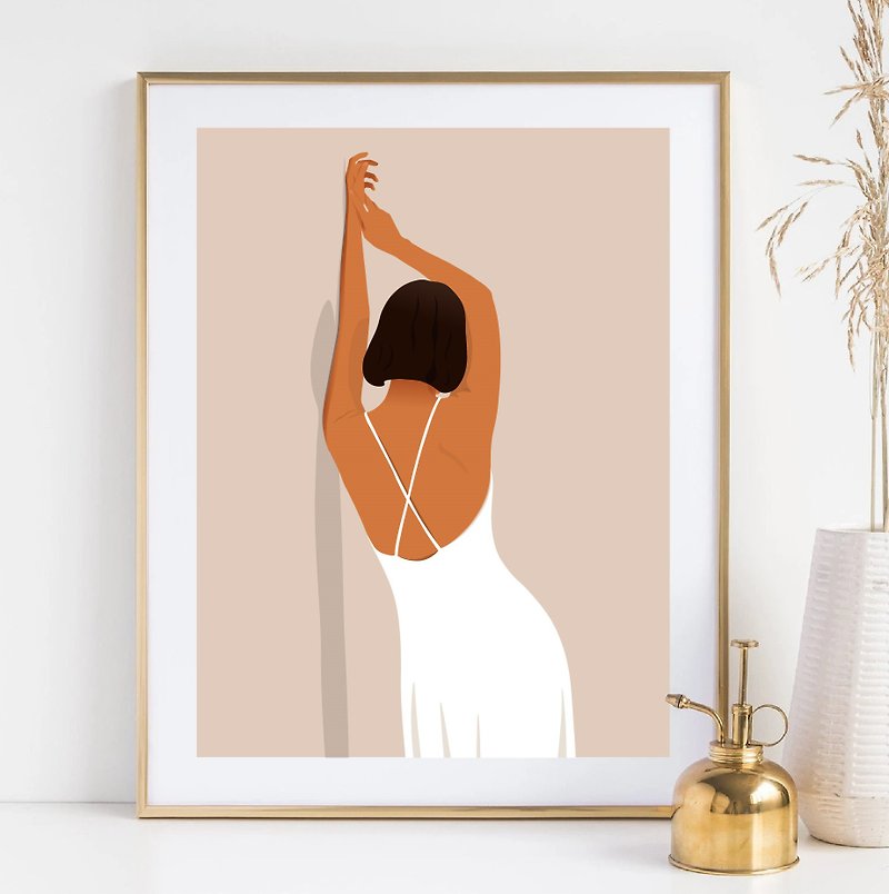 Woman with short hair in white dress, electronic file, beige boho wall art - Posters - Other Materials Brown