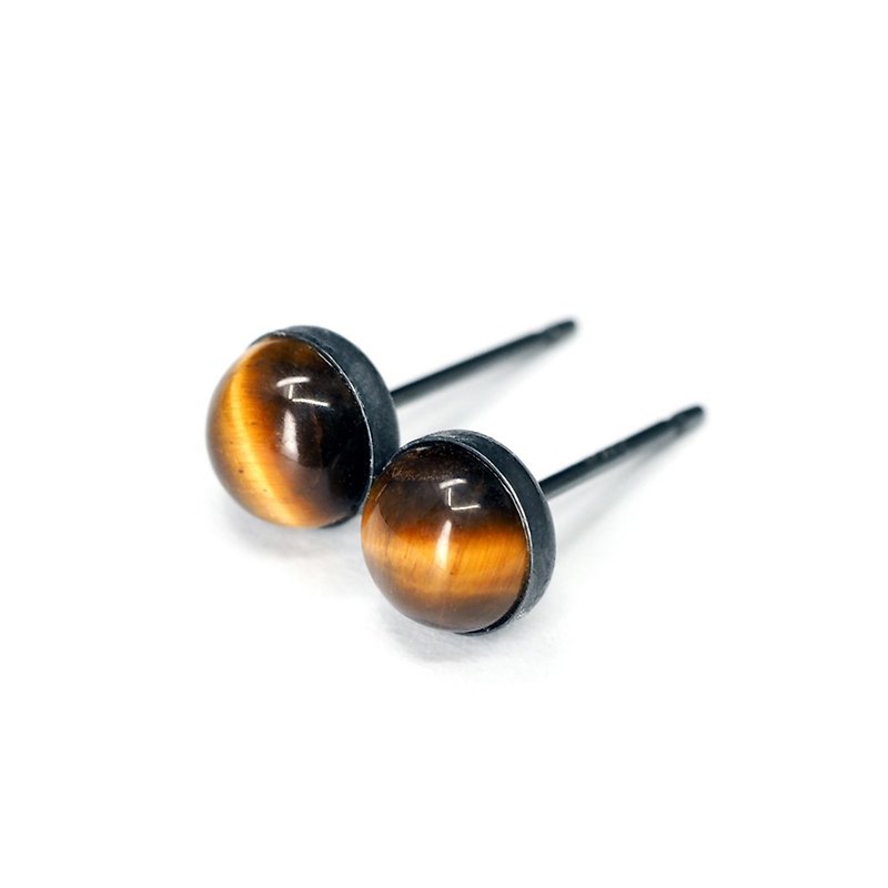 Brown Tiger Eye Black Earrings, Oxidized Sterling Silver, 6mm Round, Gemstone - ต่างหู - โลหะ สีส้ม