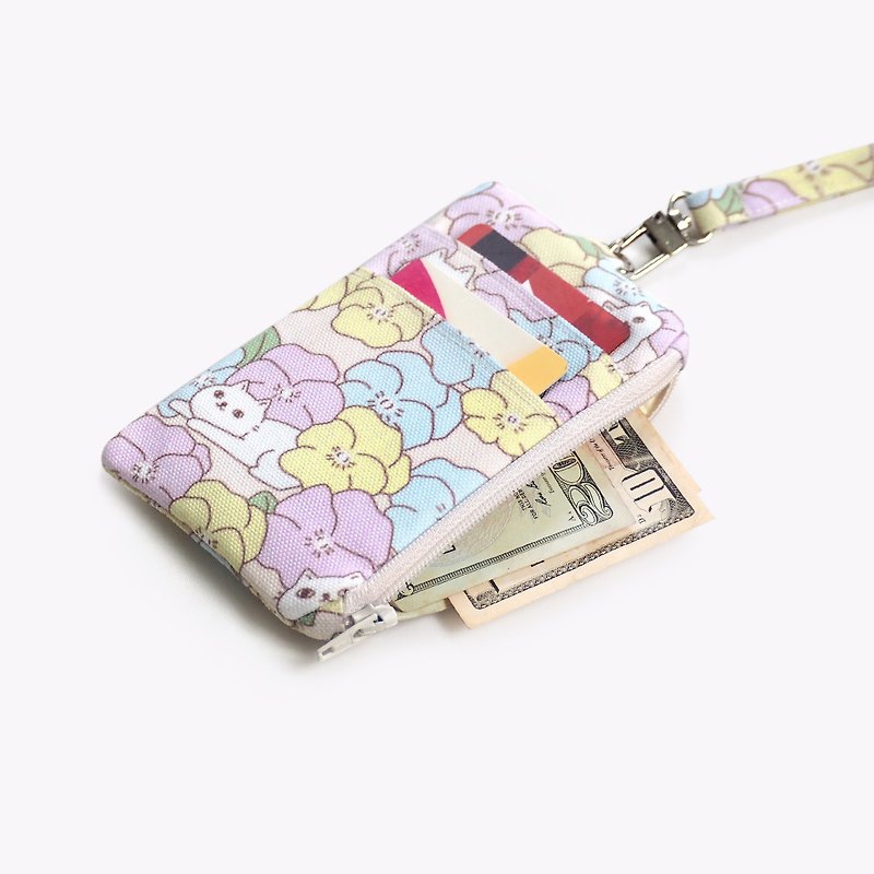 Polyester Recycle PET-ID wallet with lanyard Cats Pastel - 零錢包/小錢包 - 環保材質 多色