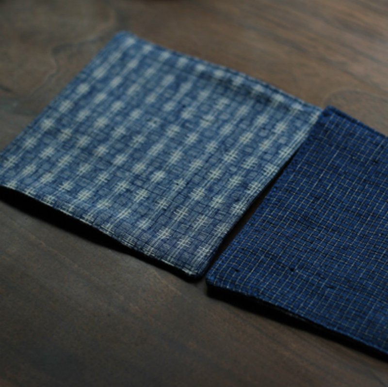 Hand-woven double-sided gray-blue plaid thickened hand-made old cloth mat pot mat tea ceremony coaster pot mat napkin - Coasters - Cotton & Hemp Blue