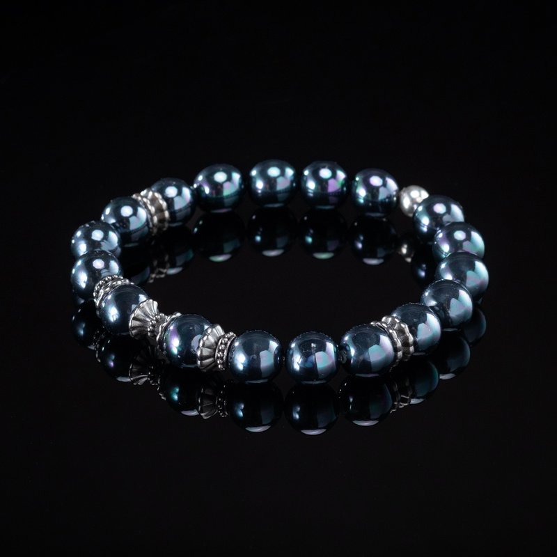 Marduk Handmade 925k Sterling Silver and Black/Green Majorican Pearl Bracelet - สร้อยข้อมือ - เงินแท้ สีดำ