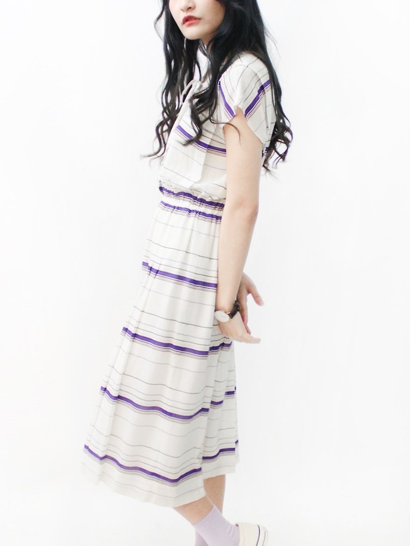 Japanese-made vintage simple purple stripes milk white fall short-sleeved vintage dress Vintage Dress - One Piece Dresses - Polyester White