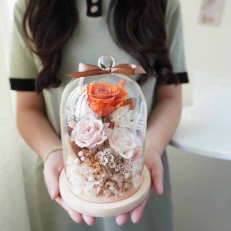 - Qiuxiang- Preserved Flower Glass Cover Glass Cup Orange Rose Autumn and Winter Feeling Birthday Gift Night Light - Dried Flowers & Bouquets - Plants & Flowers 