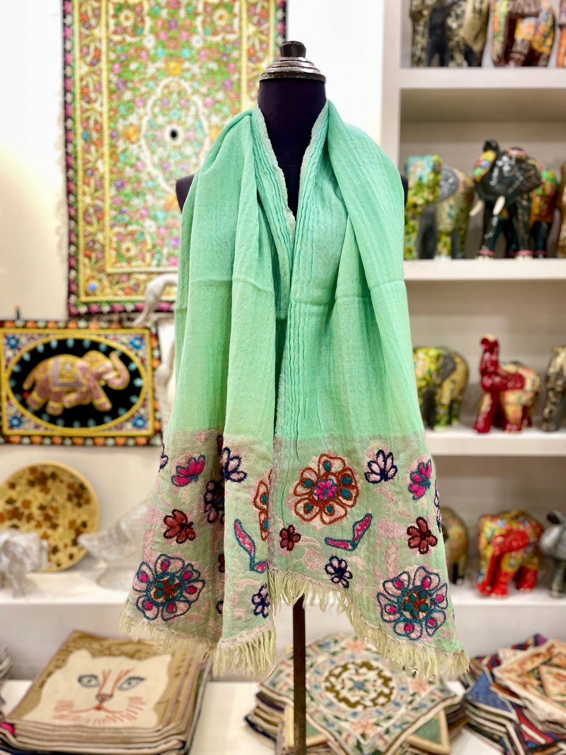 Cashmere thick weave boiled wool ruffle style hand embroidered scarf shawl - lake green - ผ้าพันคอถัก - ขนแกะ สีเขียว