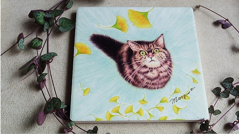 The cat looking up at the ginkgo tree ceramic absorbent coaster + the same postcard - Coasters - Pottery Blue