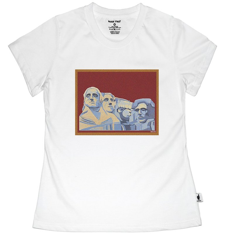 British Fashion Brand -Baker Street- Mount Rushmore Printed T-shirt - Women's T-Shirts - Cotton & Hemp White