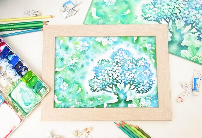 【flowers blooming on trees】水彩画アートプリント　ポスター　インテリア　エメラルドグリーン　おしゃれなリビング　かわいいお部屋 - 海報/掛畫 - 紙 綠色