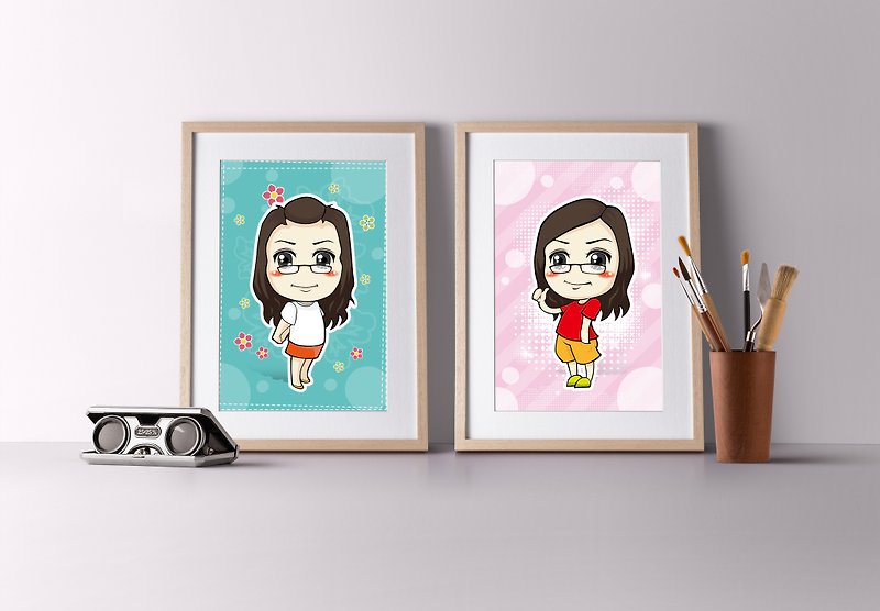 Q version of character illustration∣including wooden photo frame + electronic file∣customized illustration drawing - Customized Portraits - Wood 