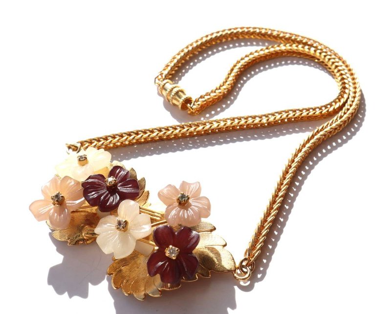 80s vintage gold tone three color flowers leafs necklace - สร้อยคอ - โลหะ สีทอง