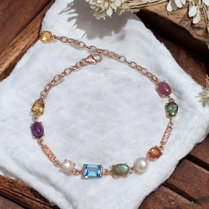 Multi-color gemstone & Pearl bracelet, silver 925 rose gold plated - Bracelets - Gemstone Multicolor