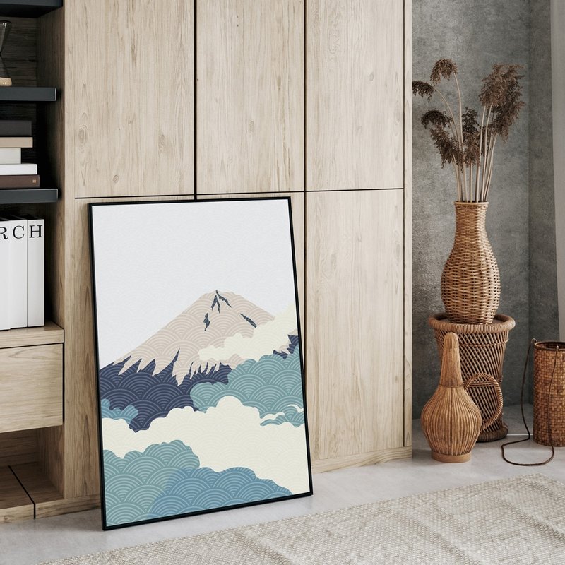 雲氣迷漫的富士山I- 日式富士山/浮世繪/日式無印/客廳裝飾畫 - 海報/掛畫/掛布 - 棉．麻 藍色
