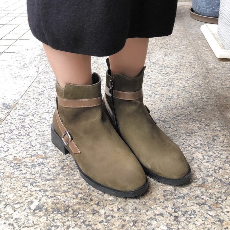 【優雅冬日】防水全真皮繫帶造型顯瘦跟靴_森林墨綠 - 女短靴/中筒靴 - 真皮 綠色