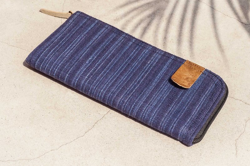 Handmade cotton and linen wallet woven stitching leather long clip long wallet purse woven wallet blue - Wallets - Cotton & Hemp Blue