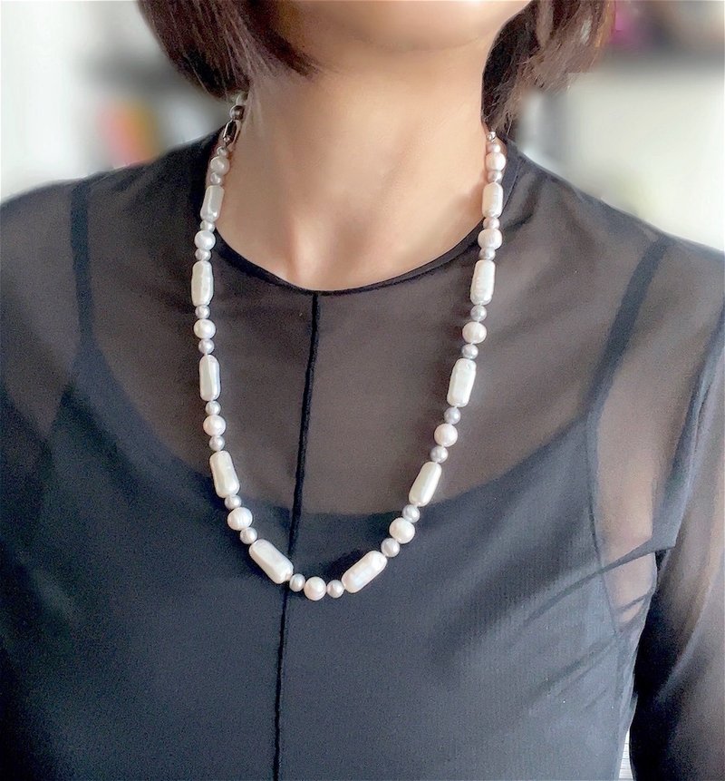 ２色使い 3種の天然淡水真珠 エッグ型と長方形のパールのセミロングネックレスとブレスレット - 頸鏈 - 珍珠 多色