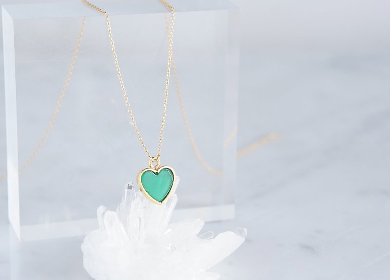 [14KGF] Necklace, Gemstone Heart Green Onyx - สร้อยคอ - เครื่องเพชรพลอย สีเขียว