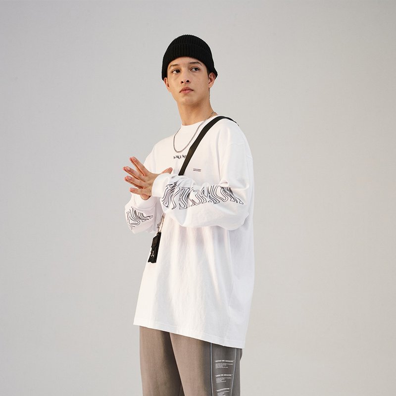 MOKACME 2020-2021SS Spring/Summer Letter Deformation LOGO Printed Long Sleeve TEE - เสื้อยืดผู้ชาย - ผ้าฝ้าย/ผ้าลินิน ขาว