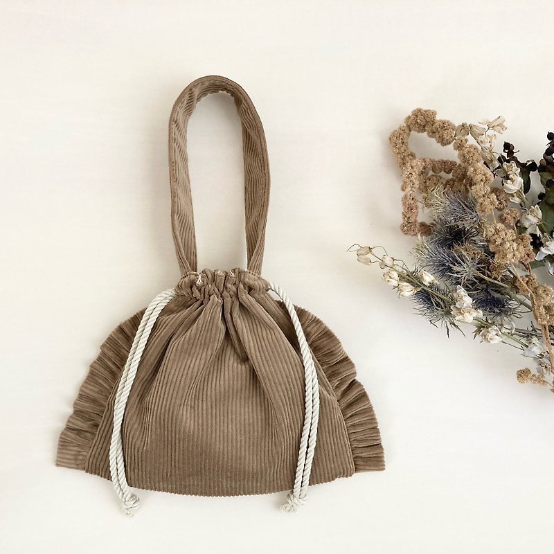 Round ruffle corduroy one-handle drawstring mini bag Brown camel - Handbags & Totes - Other Materials Brown