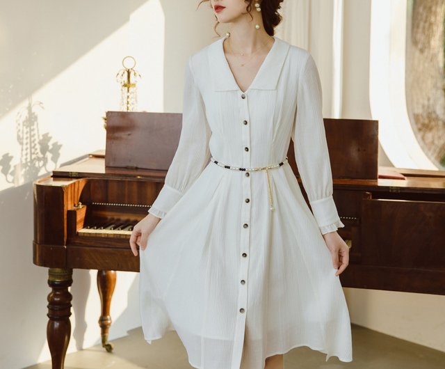 パールベルト白シャツワンピースミドル丈ワンピーススカート
