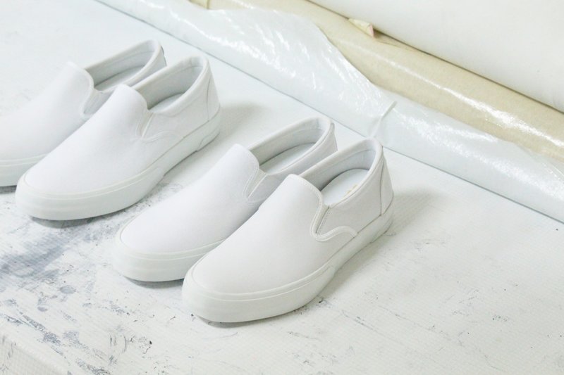 A3經典懶人鞋款slip-on - 進化版加硫鞋,純白百搭,皮革小白 - 女休閒鞋/帆布鞋 - 真皮 白色