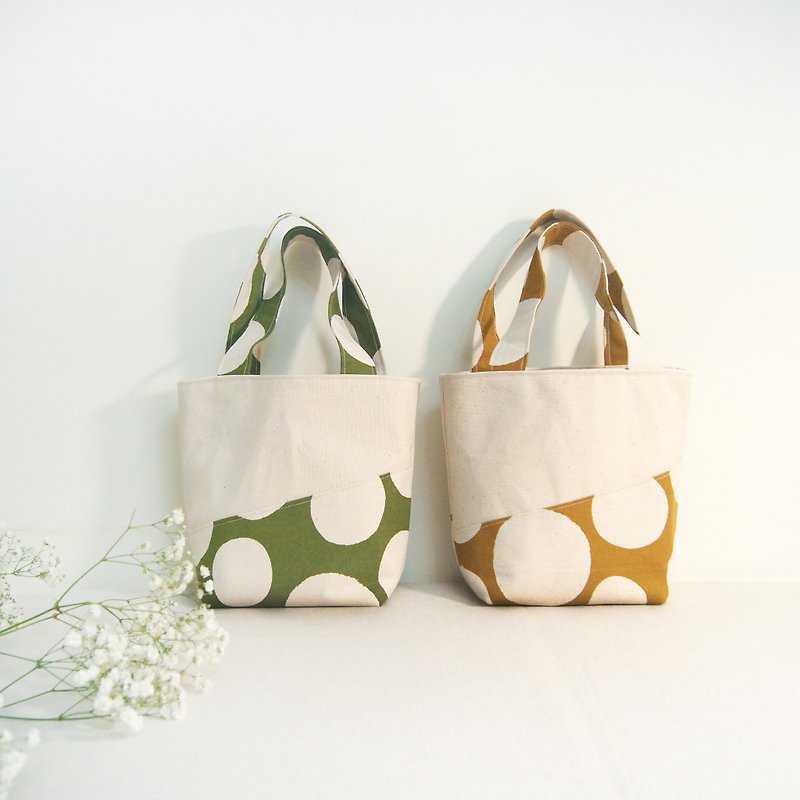 Spot summer handmade dot printing handbag meal bag book bag-green matcha white jade/yellow mustard white jade - Handbags & Totes - Cotton & Hemp White