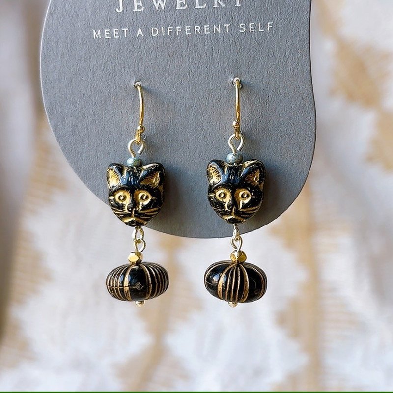 Vintage Cat Bronze Earrings Black Pumpkin - ต่างหู - ทองแดงทองเหลือง สีดำ