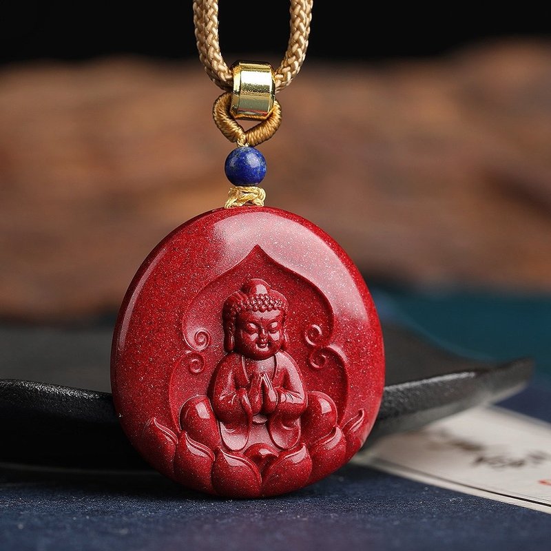 Natural cinnabar fine purple gold sand baby Buddha pendant cinnabar content is as high as 95% or more - สร้อยคอ - เครื่องเพชรพลอย 