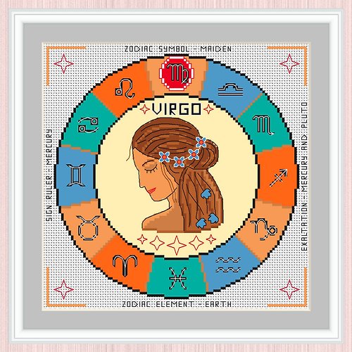 LarisaStitch Virgo Cross Stitch Pattern | Virgo Zodiac Sign | Sign Of Virgo | 十字繡圖案