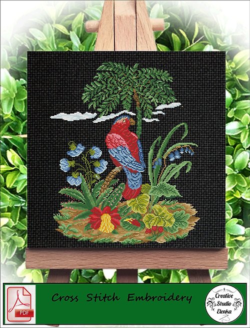CreativeStudioElenka Vintage Cross Stitch Scheme Parrot and tree - PDF Embroidery Scheme