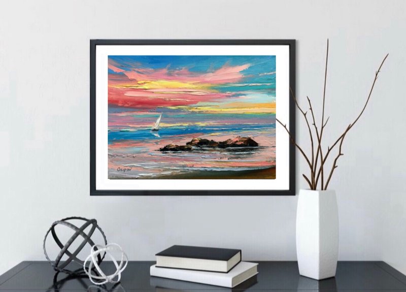 Original Seascape Sunset Sunrise Oil Painting On Canvas Sailboat Impasto Art - 壁貼/牆壁裝飾 - 棉．麻 多色