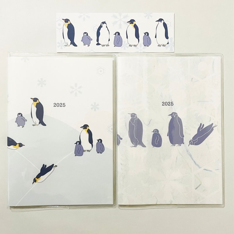 Starting in October 2025 Emperor Penguin Schedule Planner with 2 illustrated covers and bookmarks, B6, 48 pages total, Year of the Snake, Penguin, Snow, Sea - สมุดบันทึก/สมุดปฏิทิน - กระดาษ สีน้ำเงิน