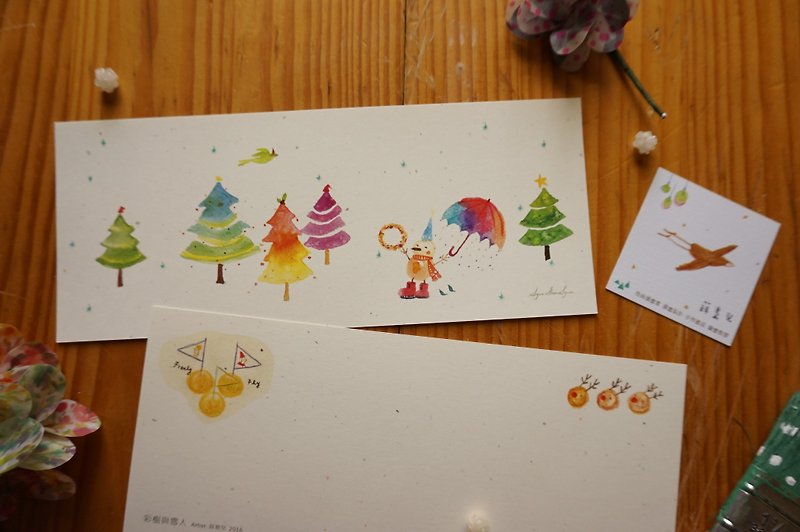 :: 薛裊兒:: 彩樹與雪人 聖誕 耶誕 長型明信片/卡片 - 心意卡/卡片 - 紙 