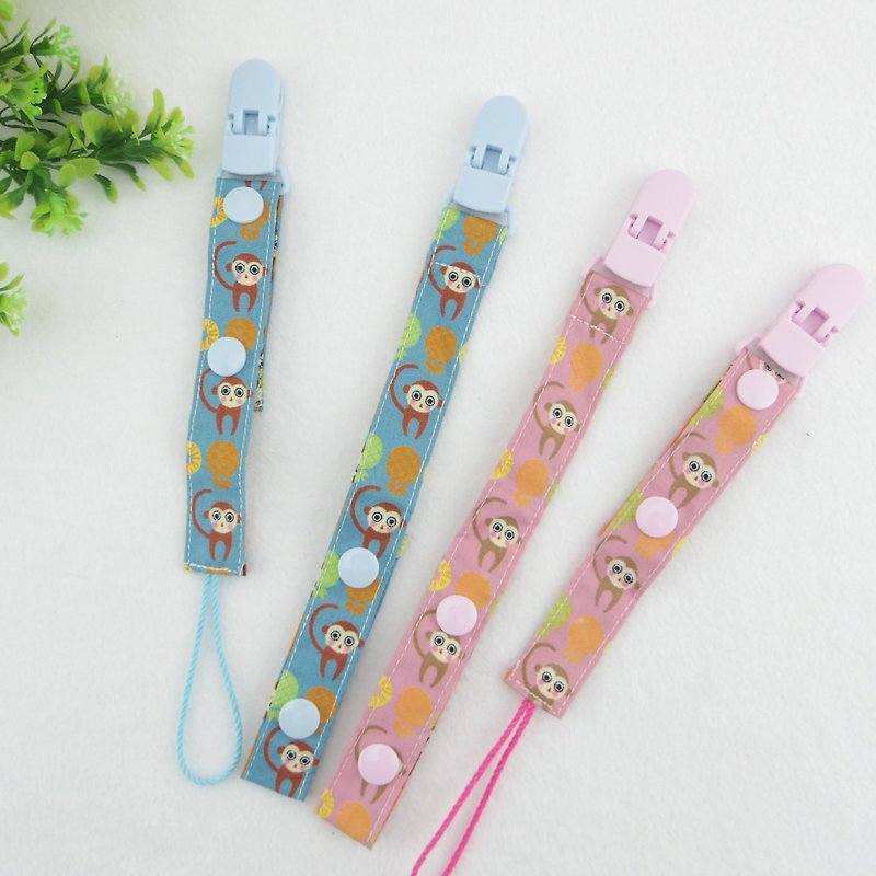 Year of the Monkey is coming - pink, blue. Handmade pacifier chain / toy chain - button and rope - ผ้ากันเปื้อน - ผ้าฝ้าย/ผ้าลินิน สึชมพู