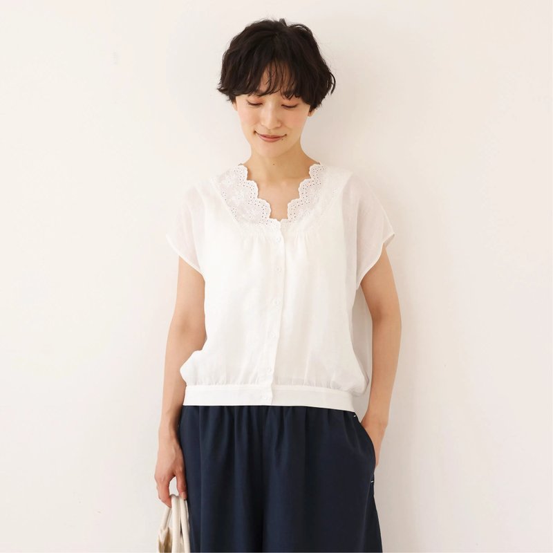 繊細な刺繍レースで上品に魅せる~麻100% Vネックブラウス 　半袖ブラウス　250710-1 - 女襯衫 - 棉．麻 