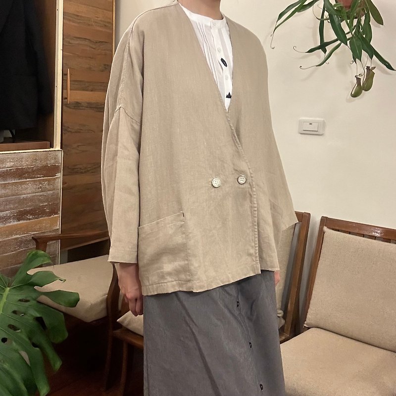 Linen jacket rice - เสื้อแจ็คเก็ต - ผ้าฝ้าย/ผ้าลินิน สีนำ้ตาล