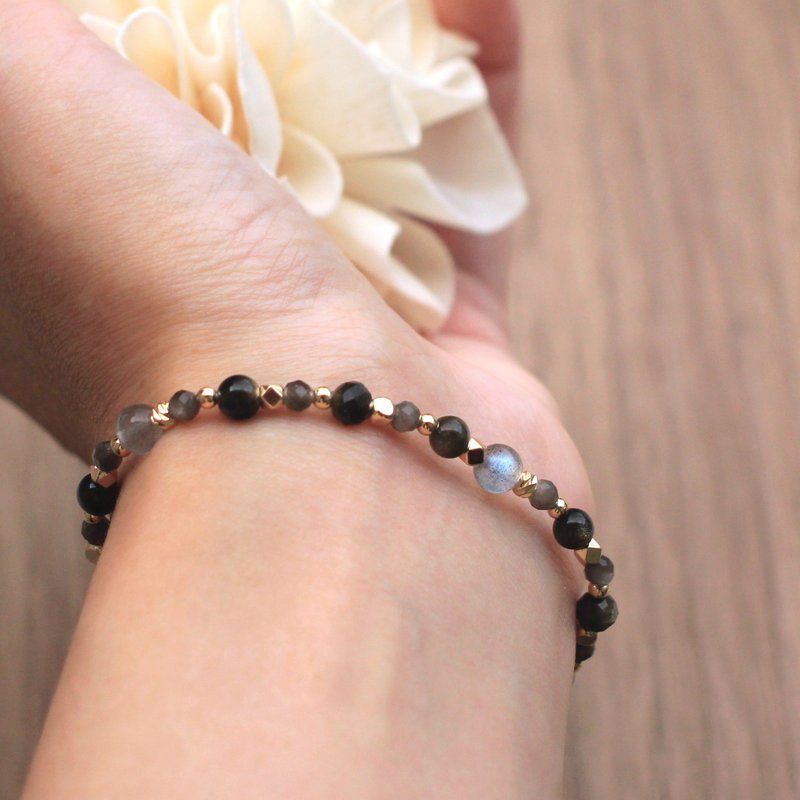 Crystal bracelet | Paired with labradorite | Golden Stone| Silver Stone| Soothing mood - สร้อยข้อมือ - คริสตัล สีดำ