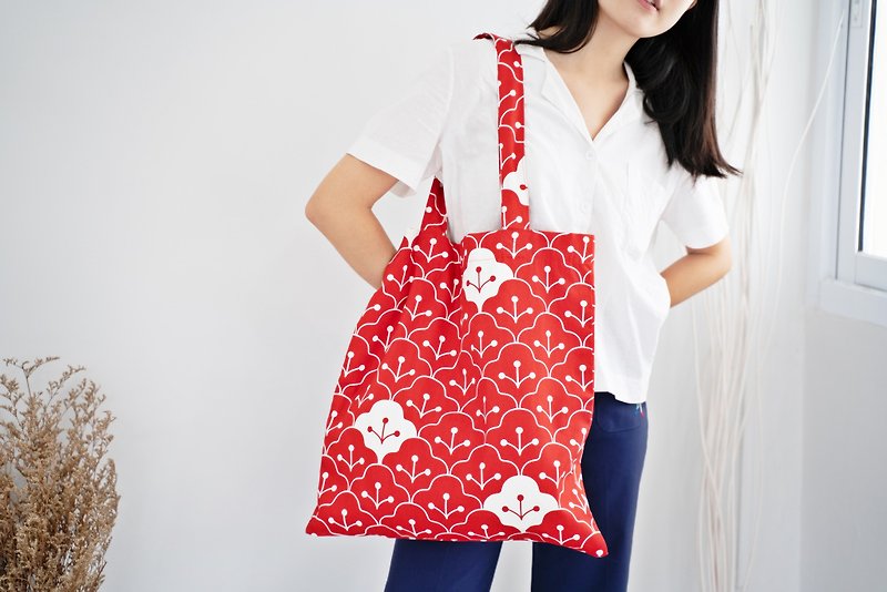 กระเป๋าผ้าลายดอกไม้ญี่ปุ่นสีแดง - กระเป๋าเป้สะพายหลัง - ผ้าฝ้าย/ผ้าลินิน สีแดง