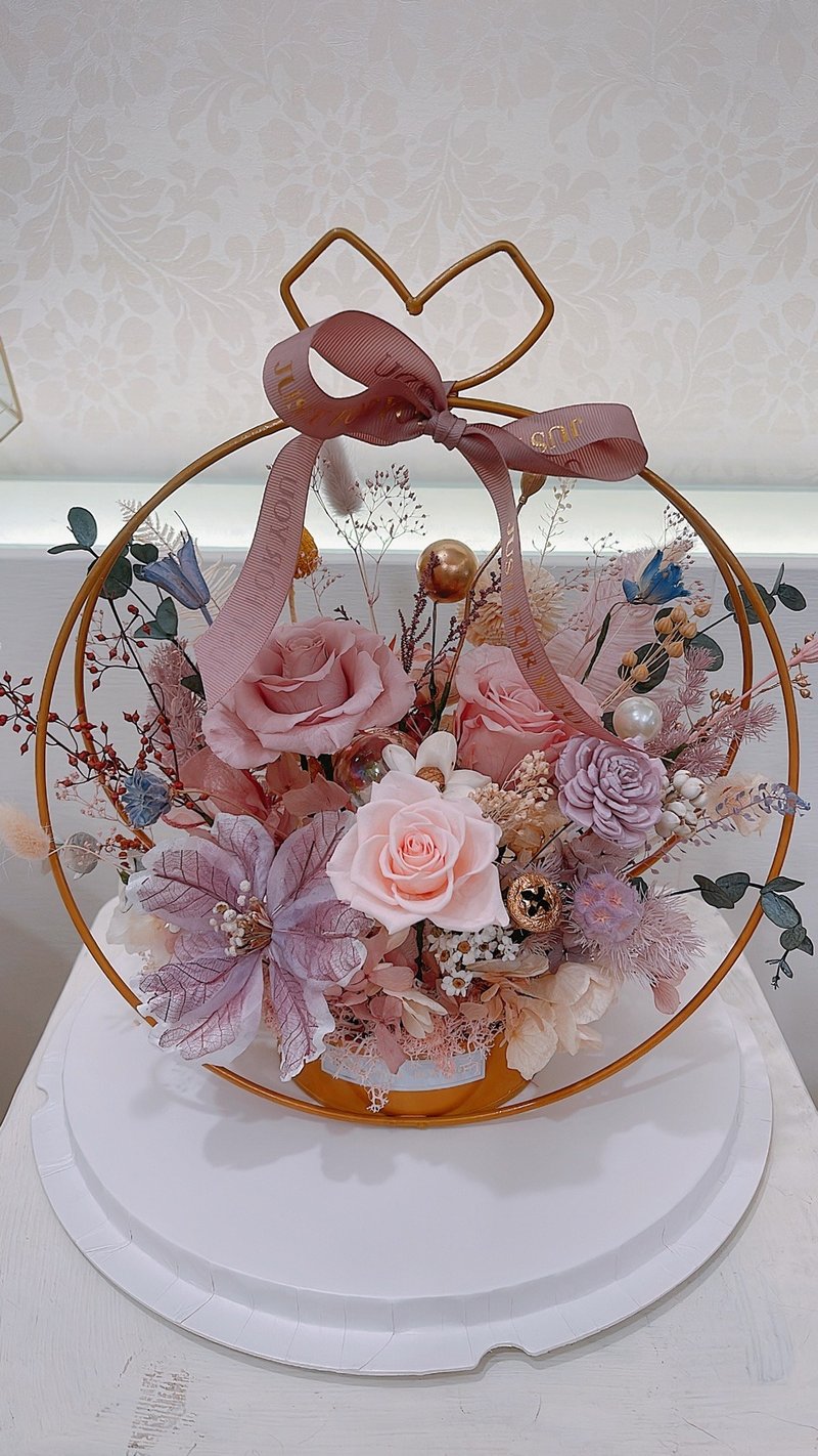 金色圓形永生花禮/開幕/新居落成/擺飾/藝朵花坊 - 乾燥花/永生花 - 植物．花 粉紅色