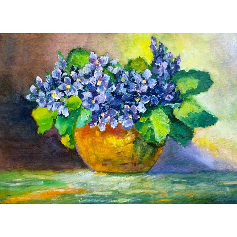 青い花の絵、スミレの油彩、キャンバス、オリジナルのアートワーク - ポスター・絵 - コットン・麻 