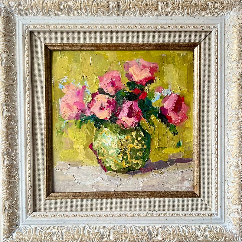 Peony Painting Floral Original Art Peonies Framed Impasto Semi Abstract Painting - Wall Décor - Cotton & Hemp Green
