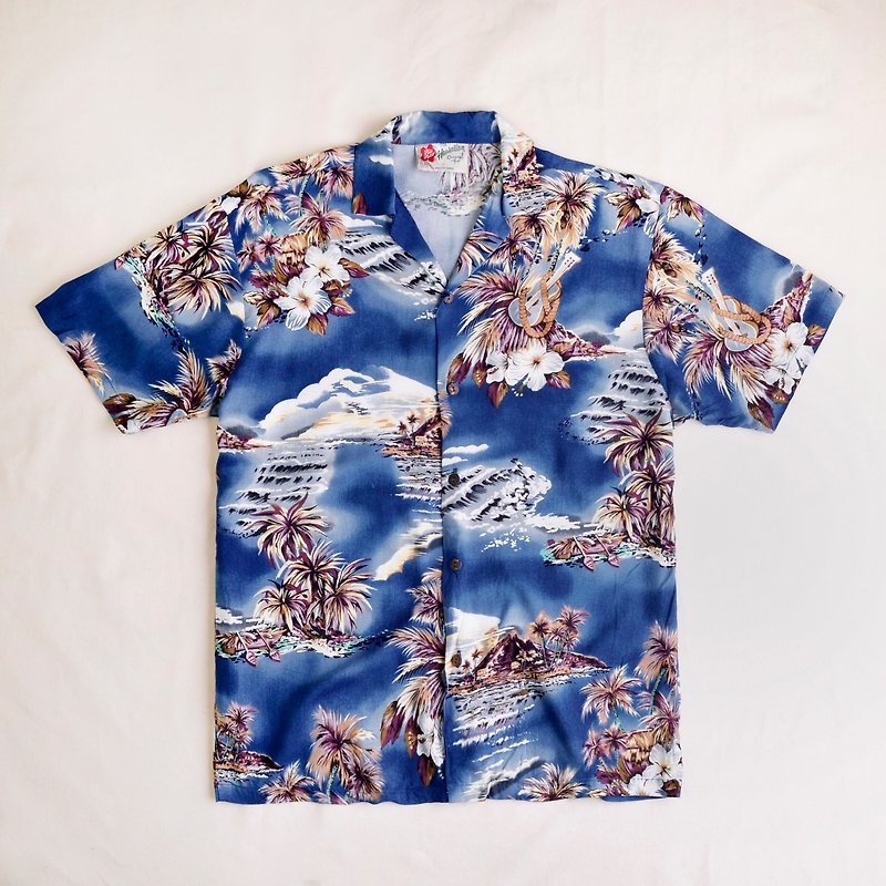 Vintage Hawaiian Shirts Hawaiian Shirt Vintage Shirt - เสื้อเชิ้ตผู้หญิง - ผ้าฝ้าย/ผ้าลินิน สีน้ำเงิน